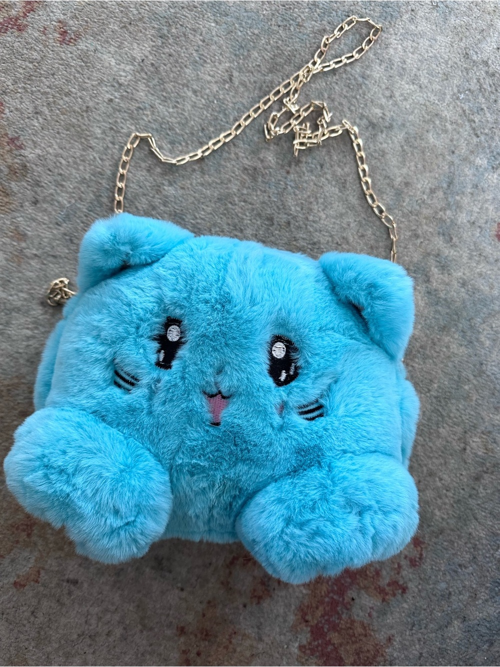 Anime Blue Plush Cat Crossbody Bag with Gold Chain